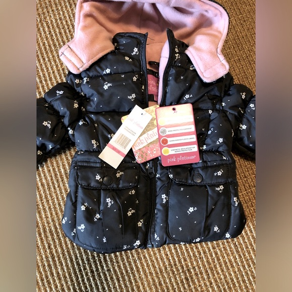 🌟NWT🌟 Pink Platinum Girls Hooded Puffer Jacket Size 12 Months - Picture 2 of 5